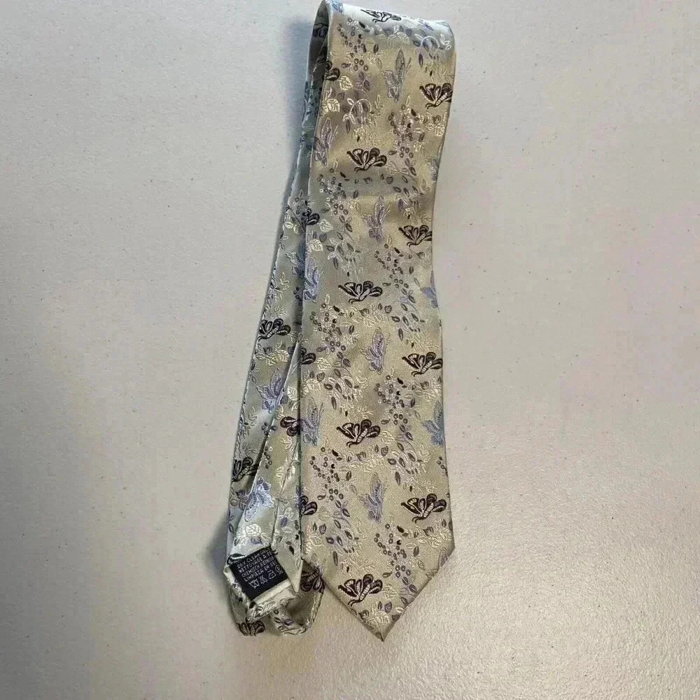 Tie Rack London Mens‎ Blue Floral Butterfly Silk Neck Tie Gray Silver